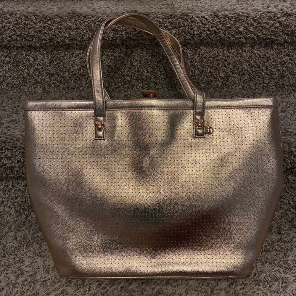 Disney Rose Gold Mickey Mouse Tote Bag Metallic Faux Leather Large NWT Polka Dot